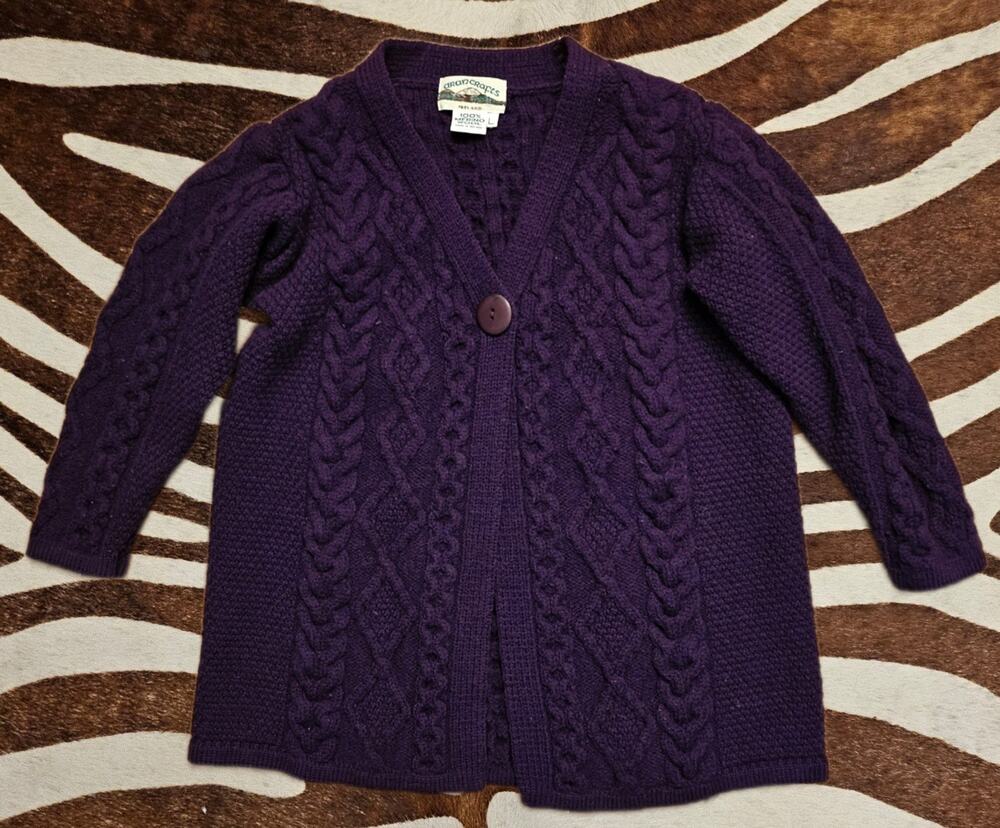 Aran Crafts 100% Merino Wool Cardigan Sz L Long Cable Fisherman Ireland Purple